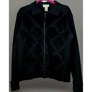 Vintage Studio Works Black Patchwork Leather Knit Zip Sweater Large Y2K Grunge